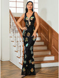 Black Sequin Sheath/column Floor-Length Evening Dress with Illusion V-Neck