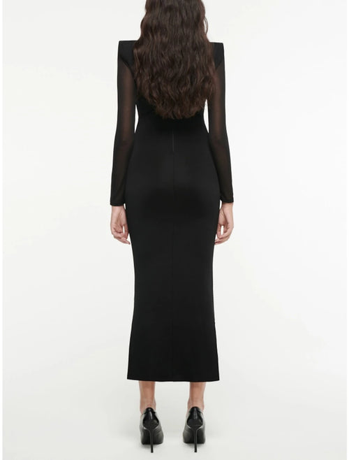 Vestido de noche elegante de sirena/trompeta, vestido formal hasta la rodilla, vestido negro, manga larga, cuello joya, tela con pliegues