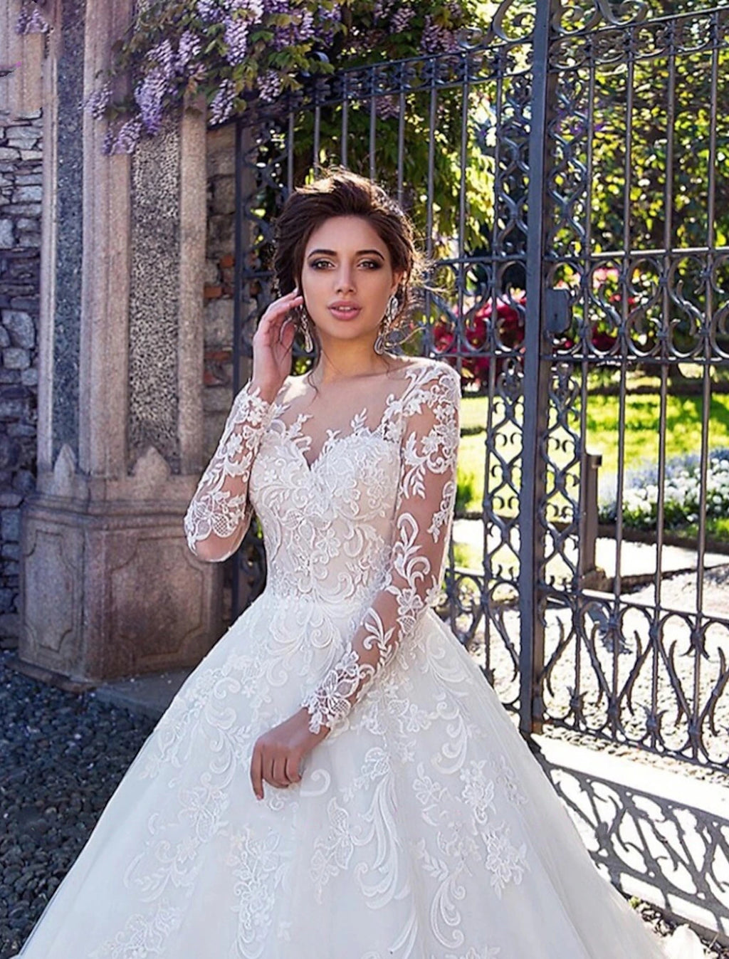 Ivory Lace Ball Gown Evening Dress with Illusion Neckline & Long Sleeves