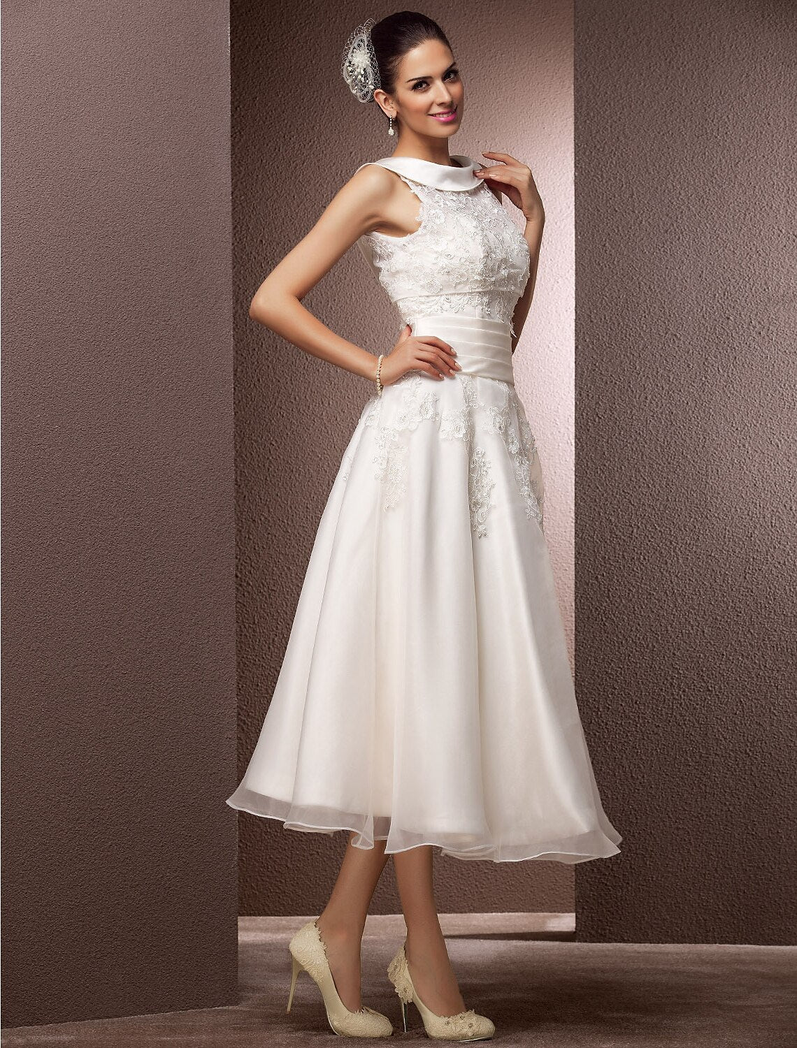 Ivory Lace A-Line Tea-Length Bridesmaid Dress