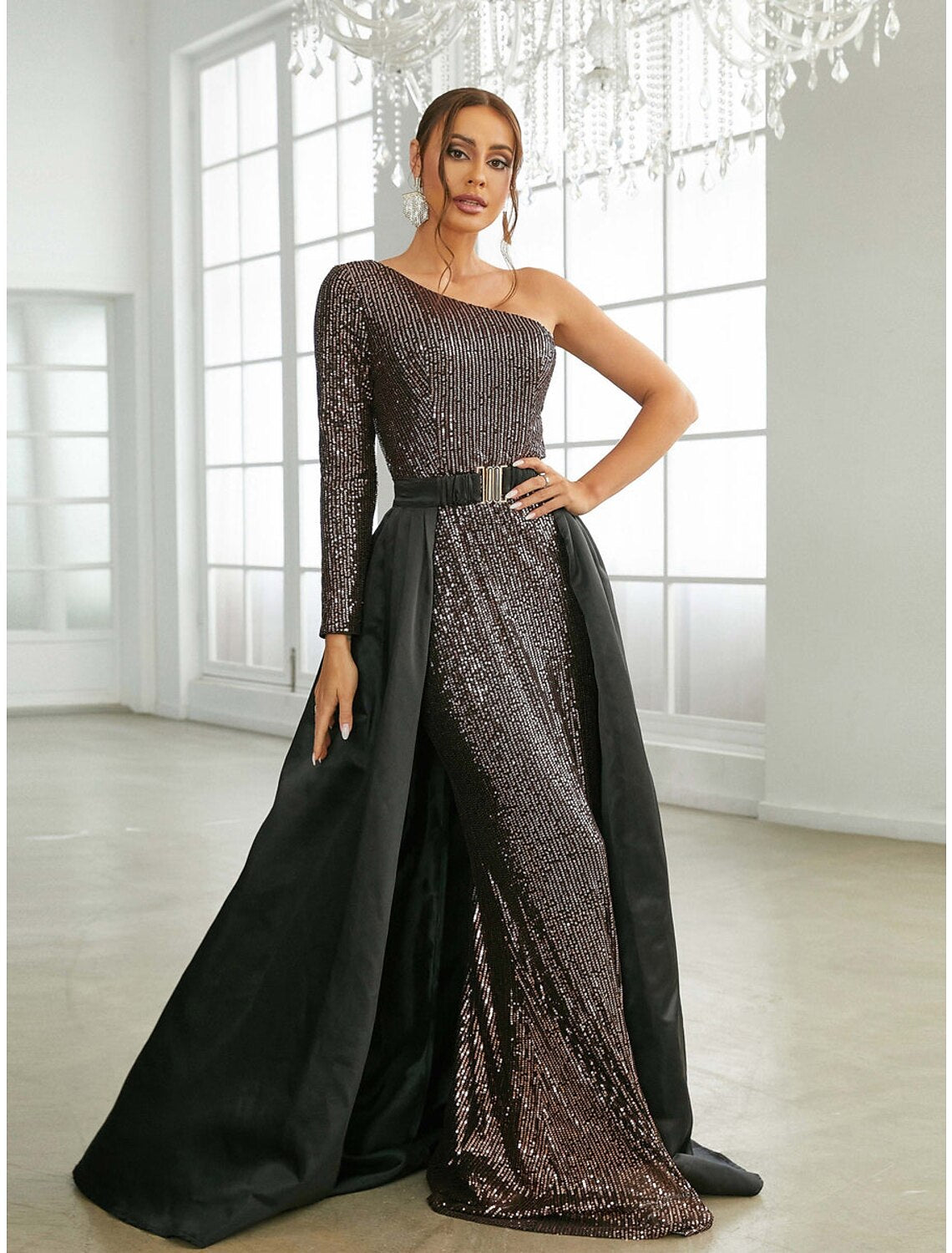 Black Sequin One Shoulder Floor-Length Sheath Gown