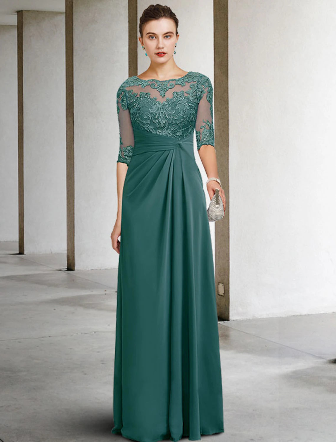Elegant Teal Chiffon A-Line Floor-Length Mother of the Bride Dress with Lace Bodice