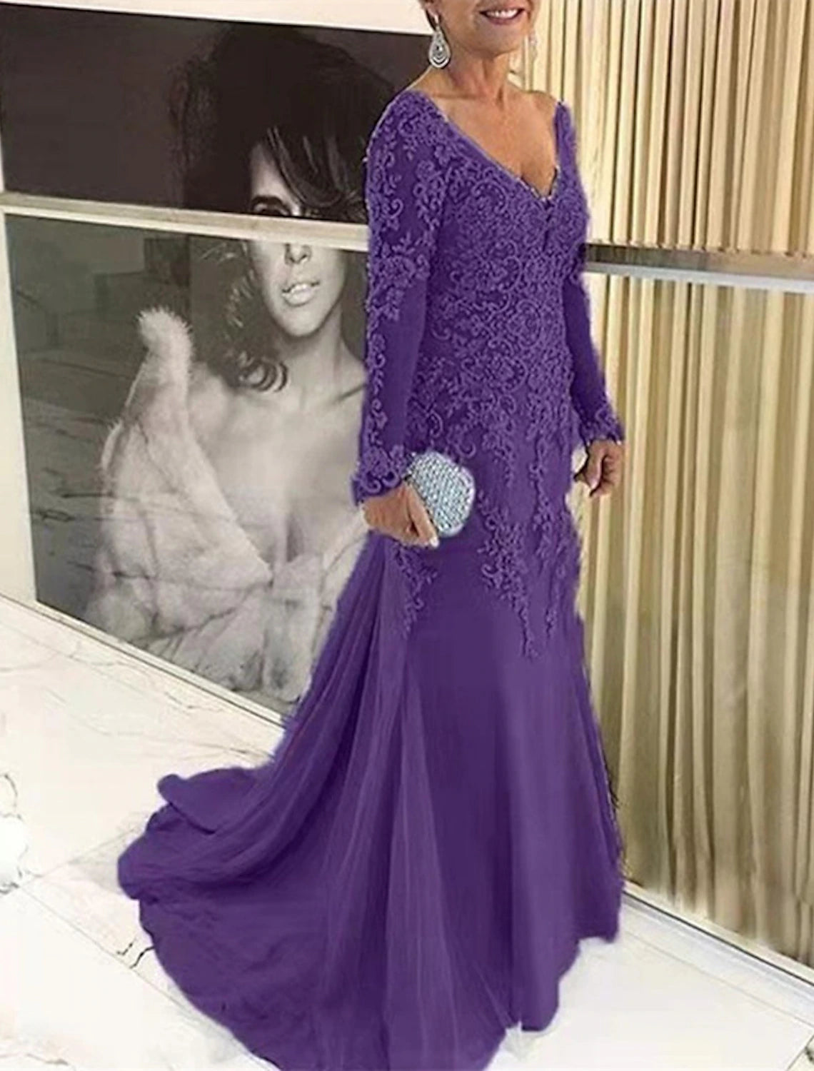 Abiti da sposa eleganti per la madre della sposa, a sirena/tromba, taglie forti, con strascico a ruota, maniche lunghe, scollo a V, pizzo con applicazioni