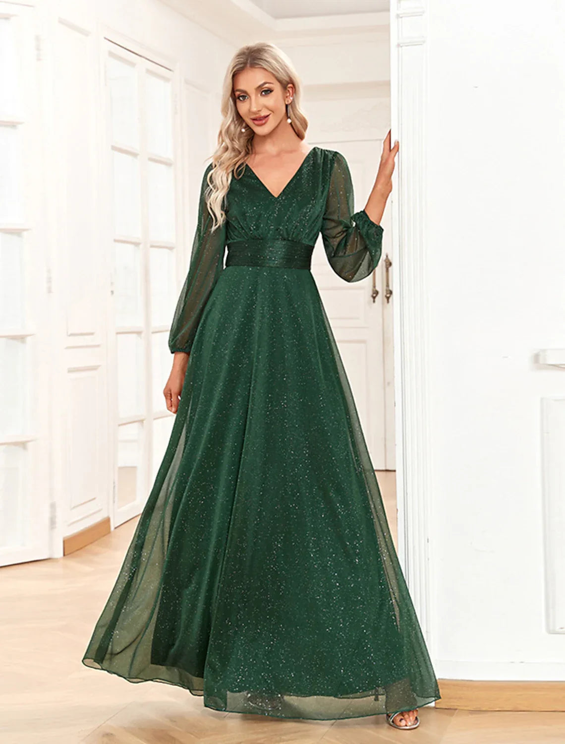 Forest Green Chiffon A-Line Floor-Length Dress with V-Neck, Bishop Sleeves & Back Zip