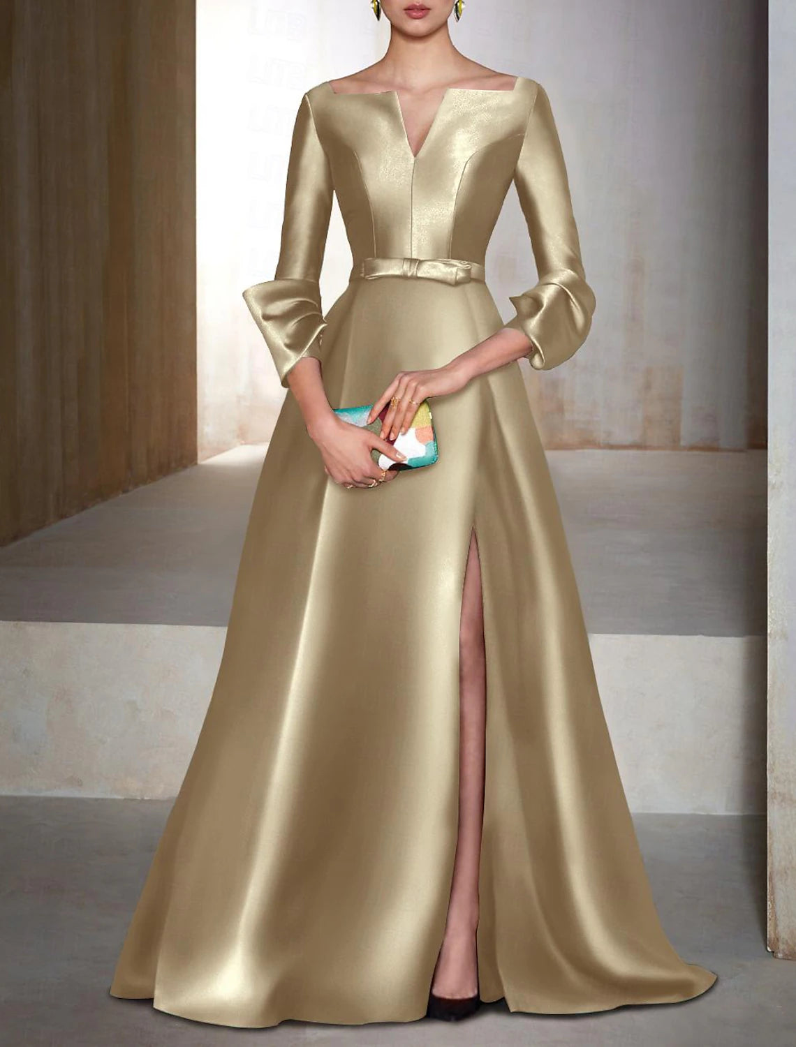 Emerald Satin V-Neck A-Line Floor-Length Evening Gown with High Slit