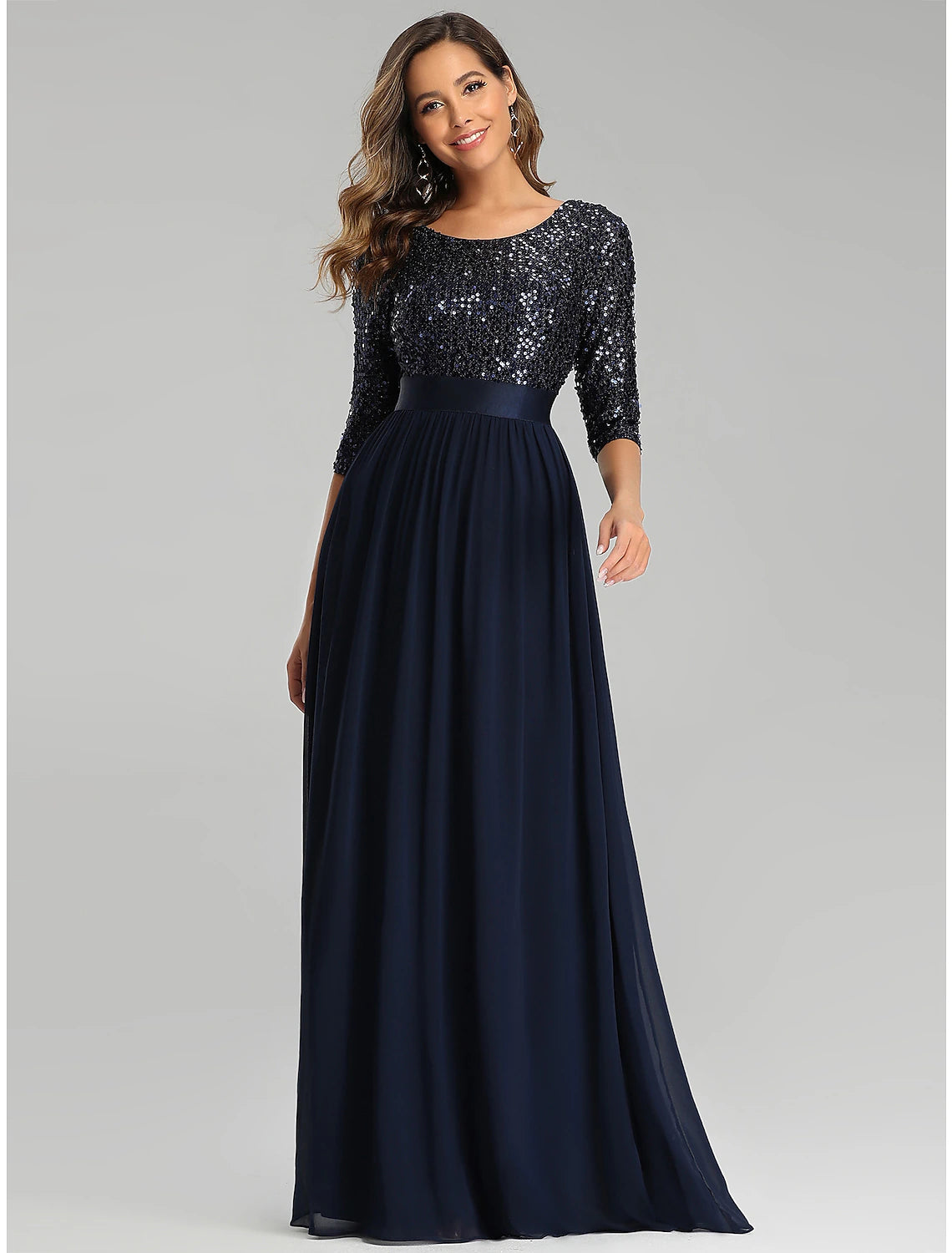 Dark Navy Sequin & Chiffon A-Line Floor-Length Evening Dress with Scoop Neck