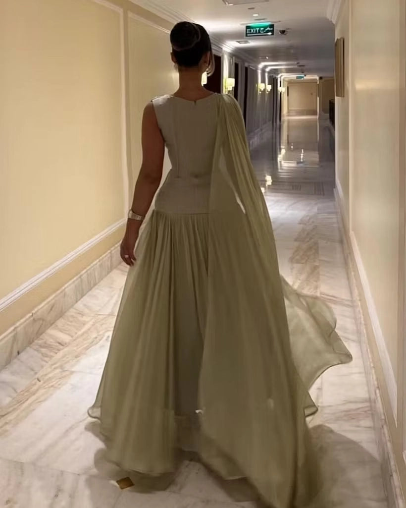 Sage Green Chiffon A Line Cowl Neck High Back Floor Length Dress Back View - Jimiss