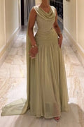 Sage Green Chiffon A Line Cowl Neck High Back Floor Length Dress Front View - Jimiss