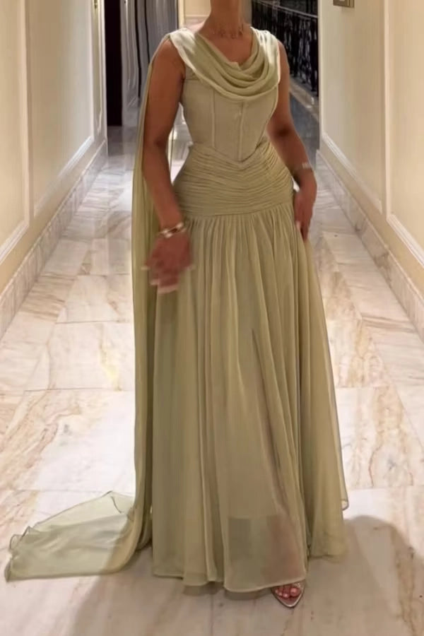 Sage Green Chiffon A Line Cowl Neck High Back Floor Length Dress Front View - Jimiss