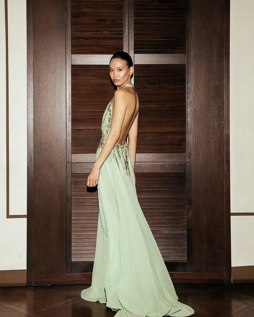 Sage Green Chiffon a-line halter open-back floor-length Dress Back View - Jimiss