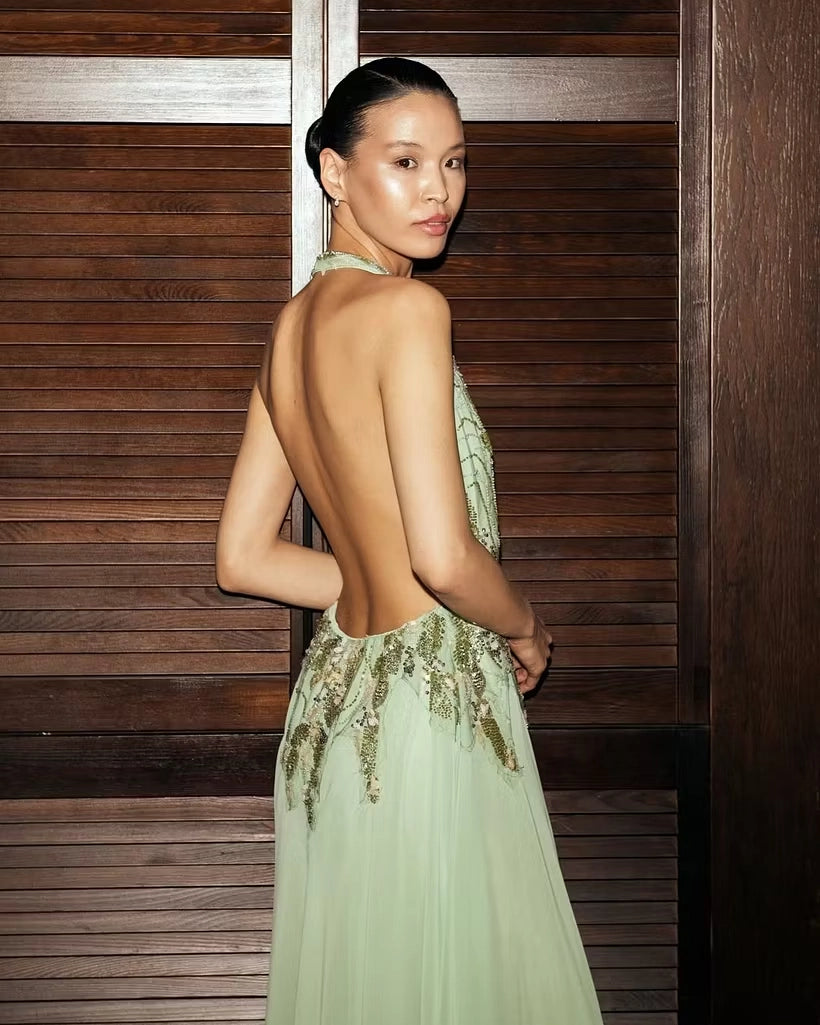 Sage Green Chiffon a-line halter open-back floor-length Dress Detail - Jimiss
