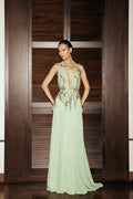 Sage Green Chiffon a-line halter open-back floor-length Dress Front View - Jimiss