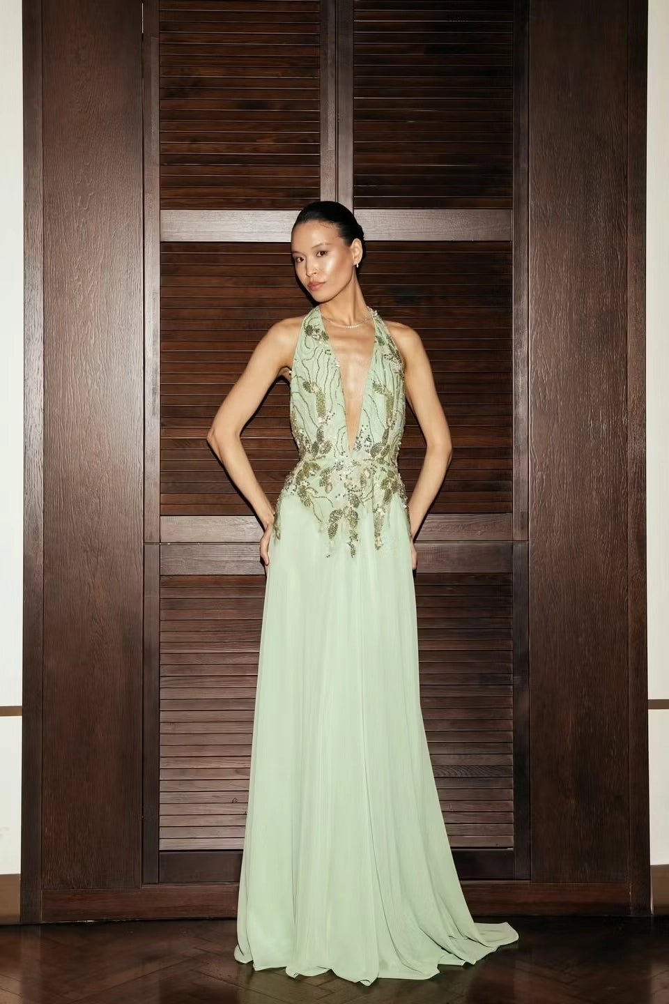 Sage Green Chiffon a-line halter open-back floor-length Dress Front View - Jimiss