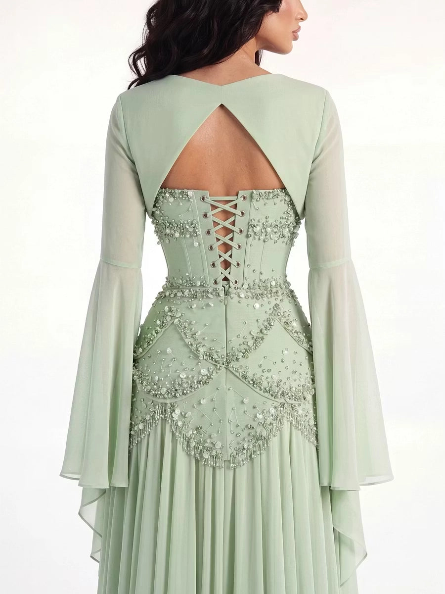 Sage Green Chiffon A Line Straight Across Lace Up Back Floor Length Dress Back View - Jimiss