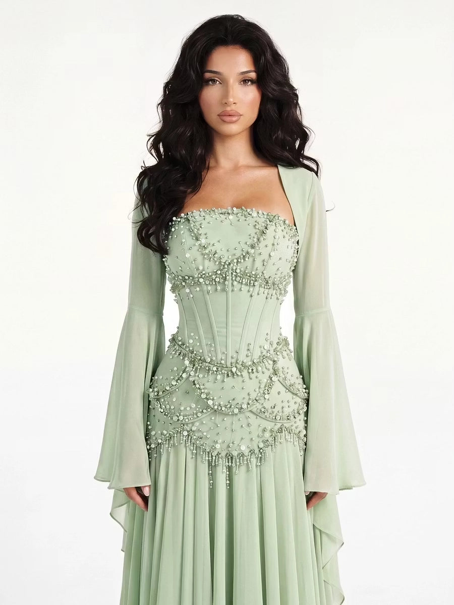 Sage Green Chiffon A Line Straight Across Lace Up Back Floor Length Dress Detail - Jimiss