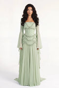 Sage Green Chiffon A Line Straight Across Lace Up Back Floor Length Dress Front View - Jimiss