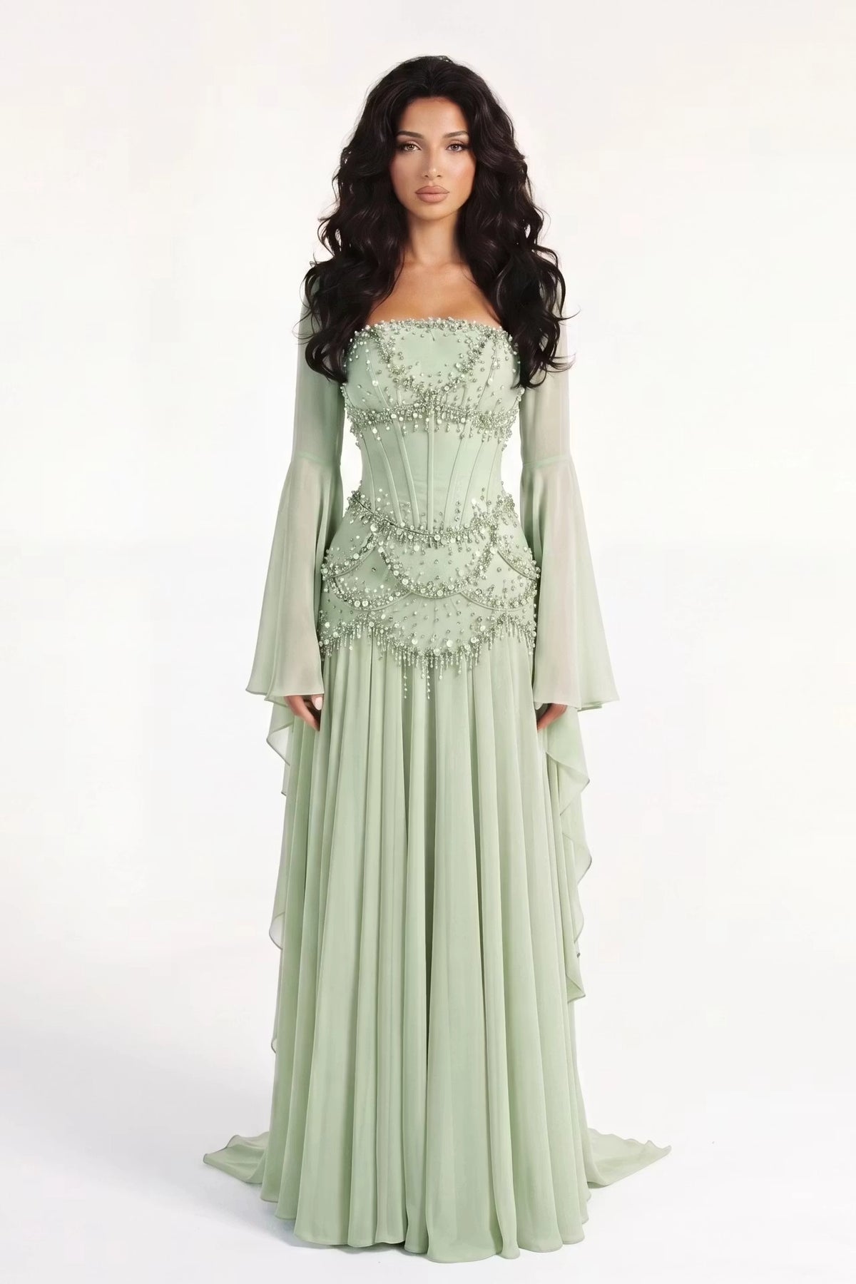 Sage Green Chiffon A Line Straight Across Lace Up Back Floor Length Dress Front View - Jimiss