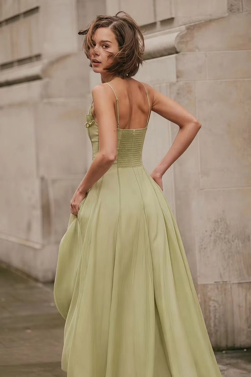 Sage Green Chiffon A-Line Straight Across Zipper Back Floor Length Dress Back View - Jimiss
