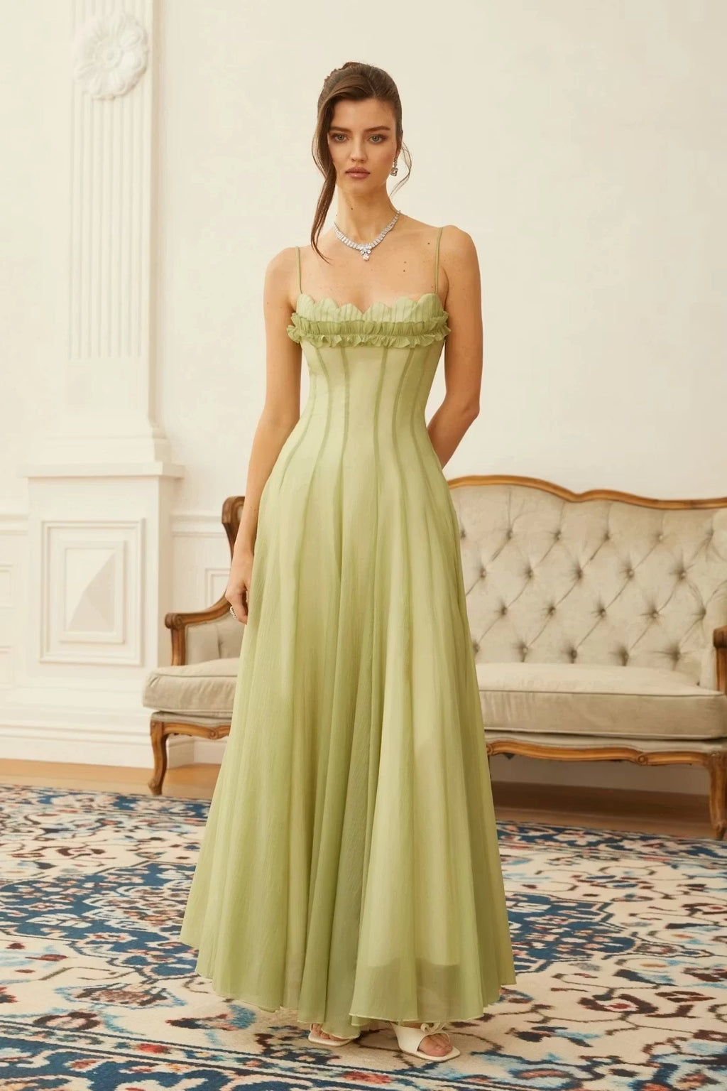 Sage Green Chiffon A-Line Straight Across Zipper Back Floor Length Dress Front View - Jimiss