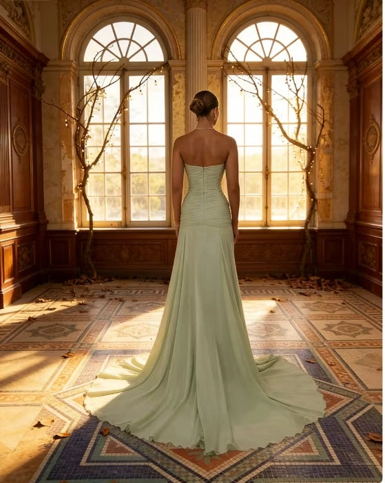 Sage Green Chiffon A-Line Sweetheart Zipper Back Floor-Length Dress Back View - Jimiss