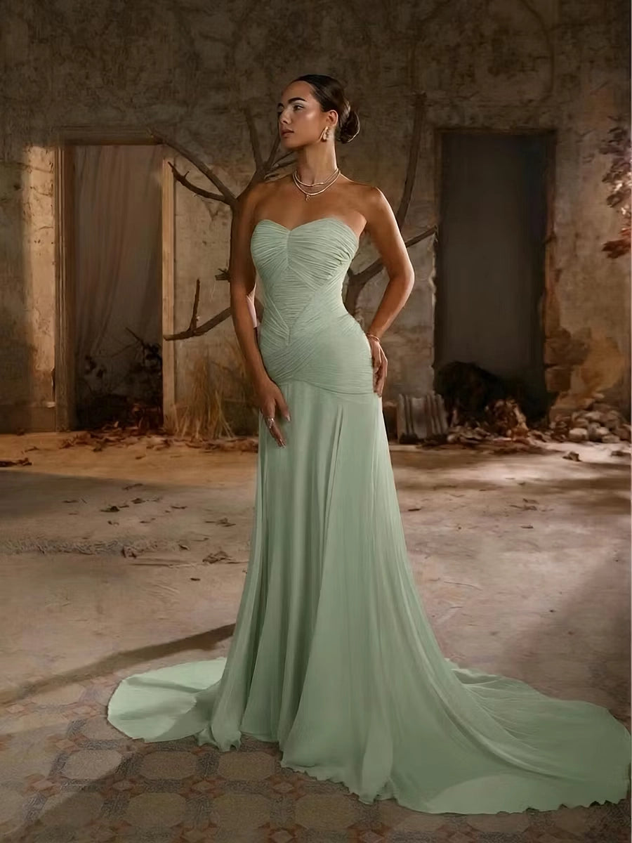 Sage Green Chiffon A-Line Sweetheart Zipper Back Floor-Length Dress Front View - Jimiss