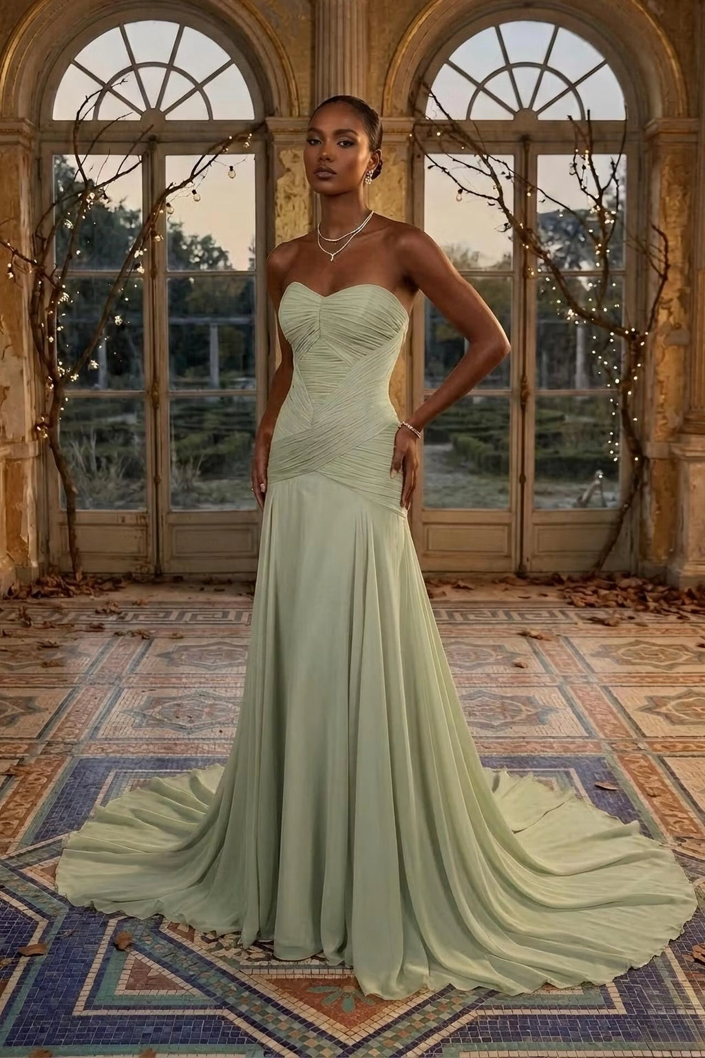 Sage Green Chiffon A-Line Sweetheart Zipper Back Floor-Length Dress Front View - Jimiss