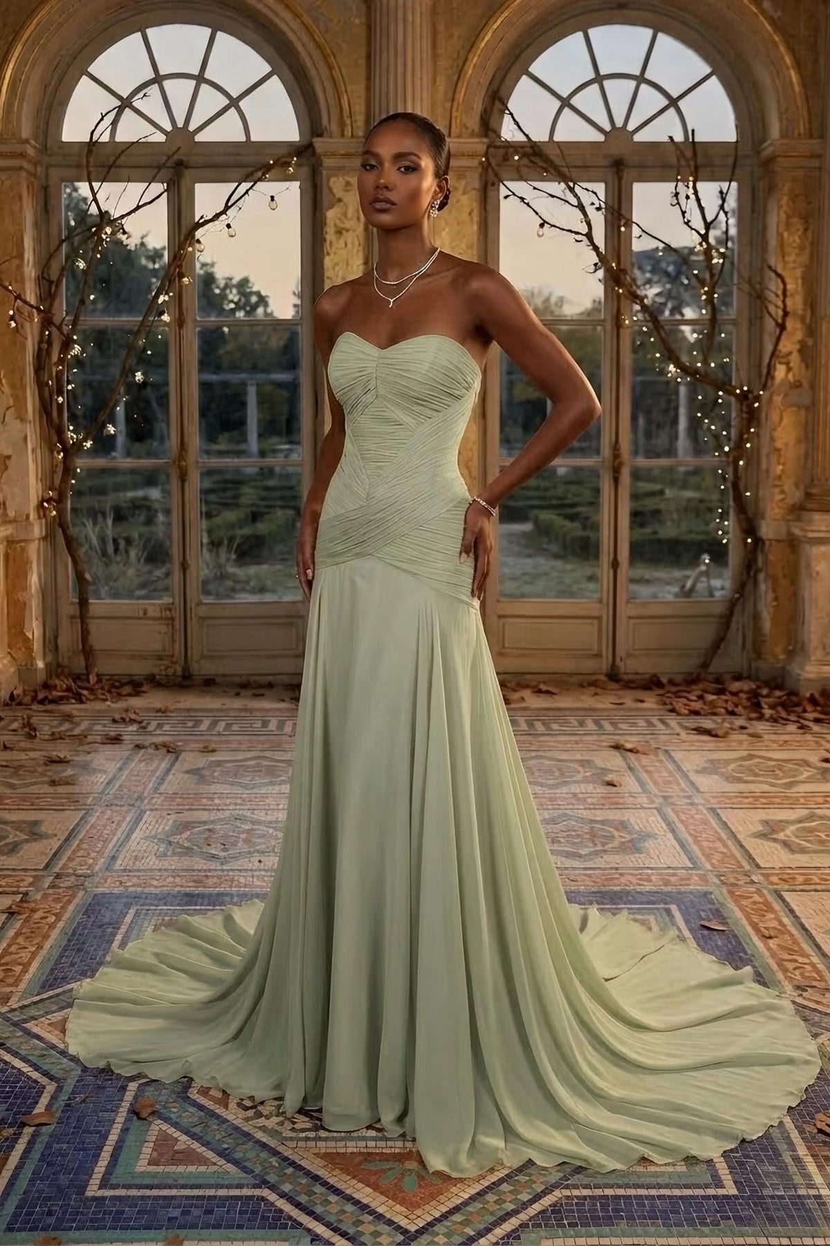 Sage Green Chiffon A-Line Sweetheart Zipper Back Floor-Length Dress Front View - Jimiss