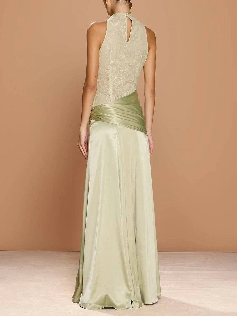 Sage Green Lace & Satin A-Line High Neck Keyhole Back Floor Length Dress Back View - Jimiss