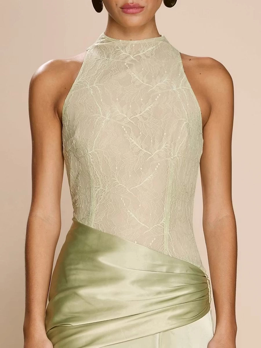 Sage Green Lace & Satin A-Line High Neck Keyhole Back Floor Length Dress Detail - Jimiss
