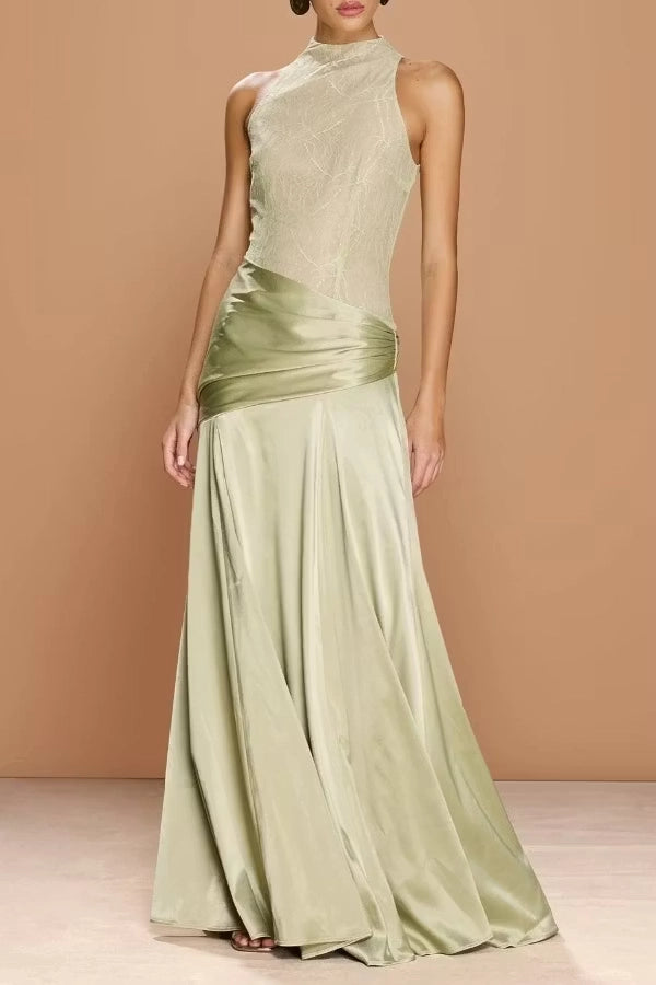 Sage Green Lace & Satin A-Line High Neck Keyhole Back Floor Length Dress Front View - Jimiss