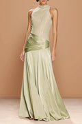 Sage Green Lace & Satin A-Line High Neck Keyhole Back Floor Length Dress Front View - Jimiss