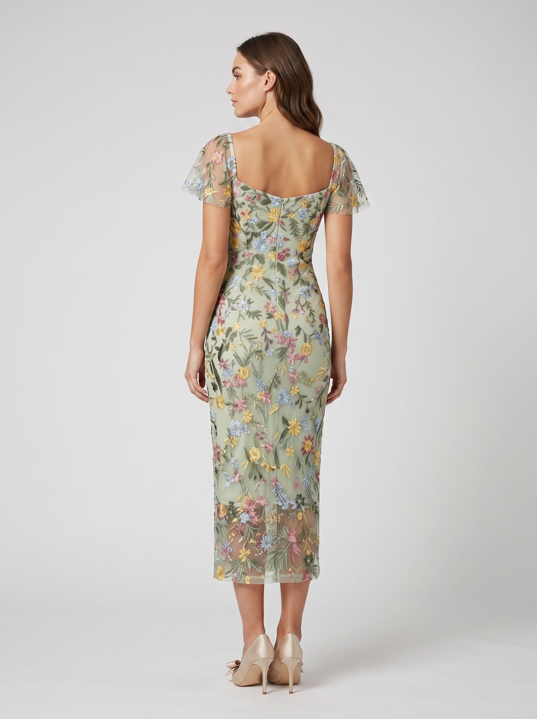 Sage Green Mesh Sheath Column Sweetheart Zipper Back Midi Dress Back View - Jimiss