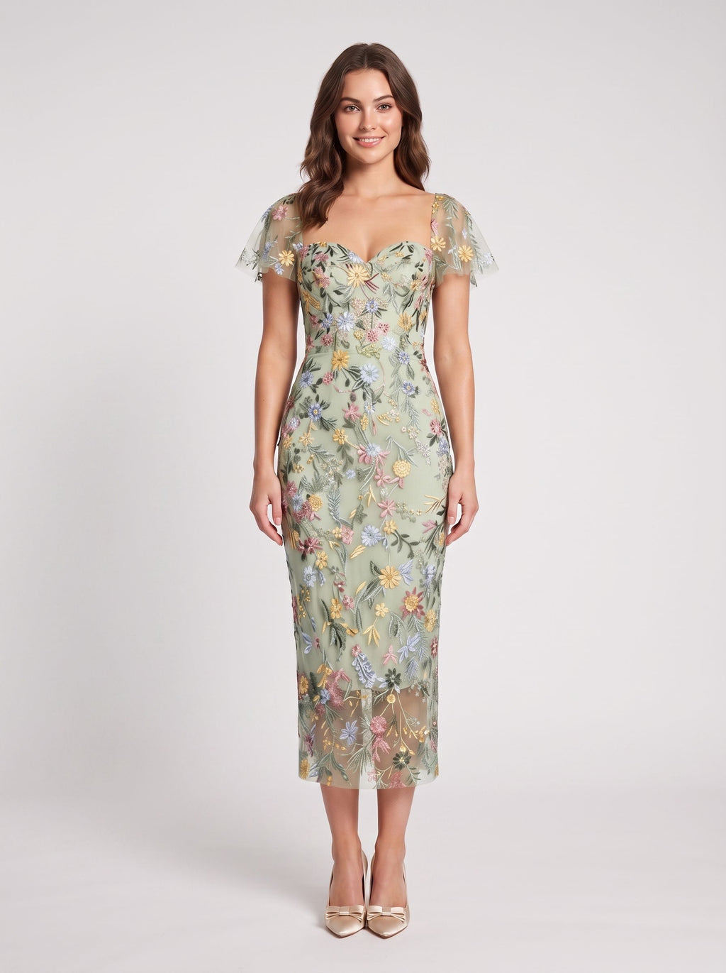 Sage Green Mesh Sheath Column Sweetheart Zipper Back Midi Dress - Jimiss