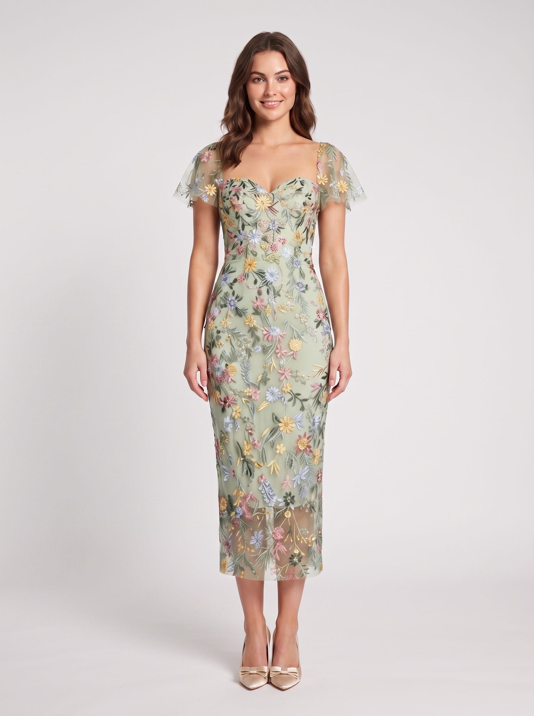 Sage Green Mesh Sheath Column Sweetheart Zipper Back Midi Dress - Jimiss