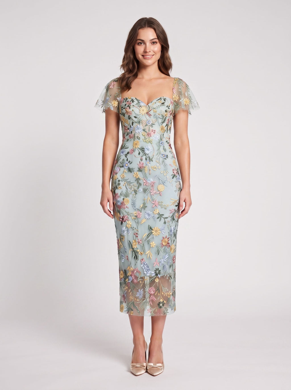 Sage Green Mesh Sheath Column Sweetheart Zipper Back Midi Dress - Jimiss