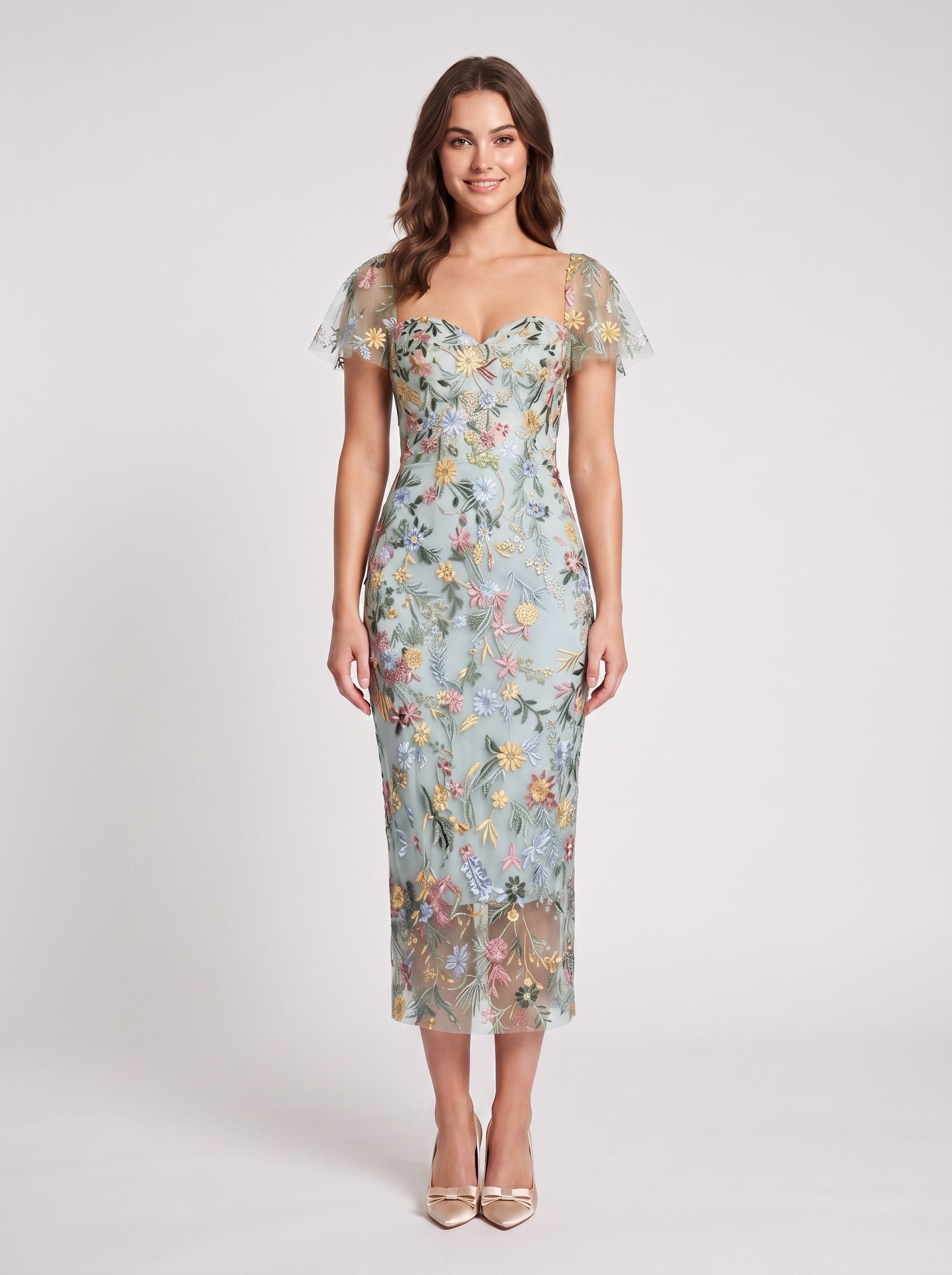 Sage Green Mesh Sheath Column Sweetheart Zipper Back Midi Dress - Jimiss