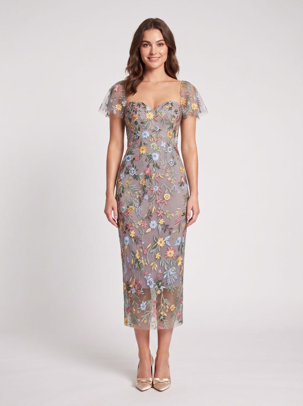 Sage Green Mesh Sheath Column Sweetheart Zipper Back Midi Dress - Jimiss