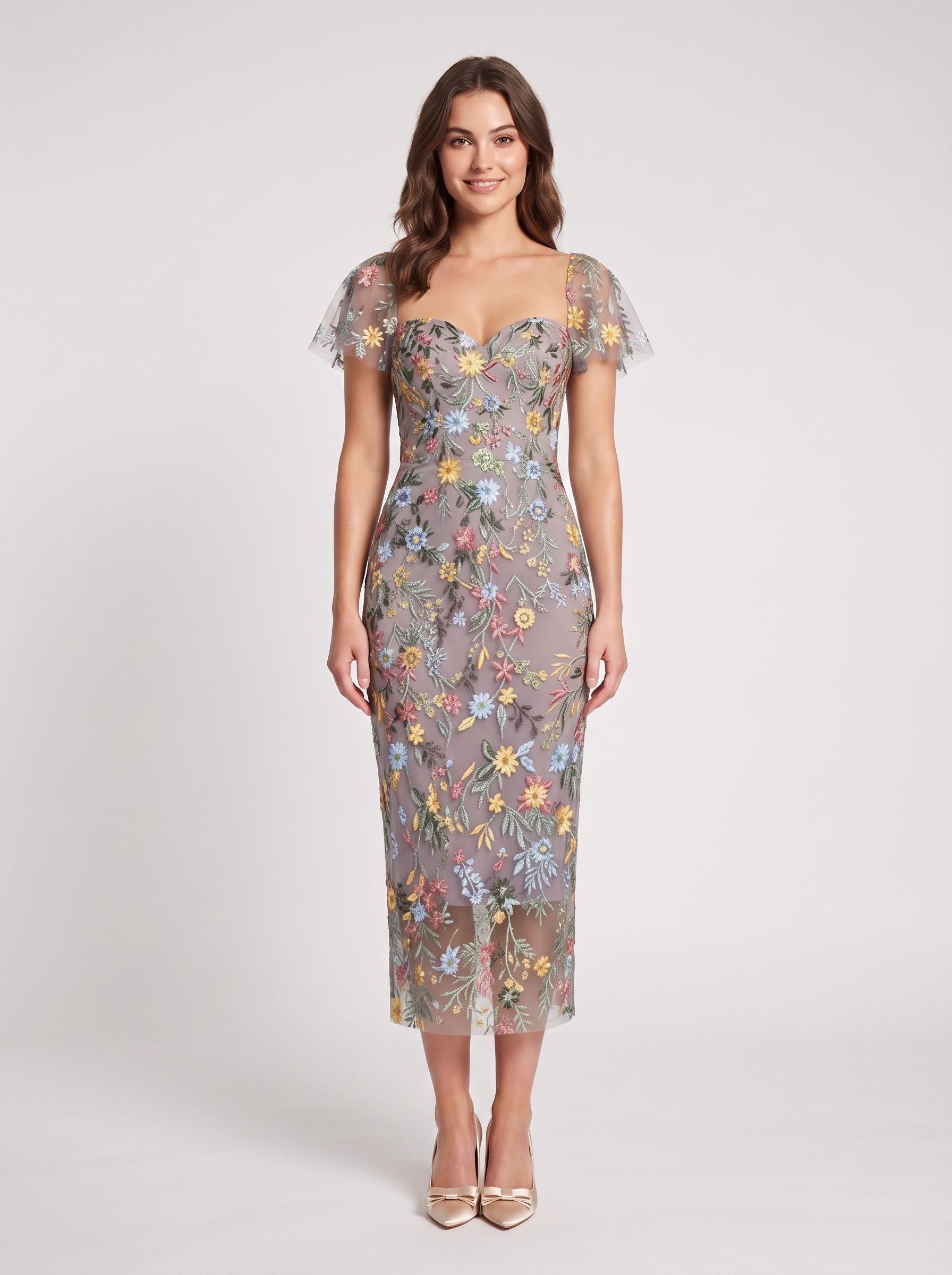 Sage Green Mesh Sheath Column Sweetheart Zipper Back Midi Dress - Jimiss