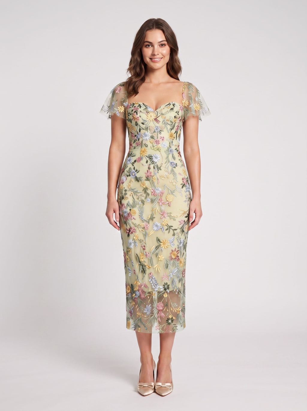 Sage Green Mesh Sheath Column Sweetheart Zipper Back Midi Dress - Jimiss