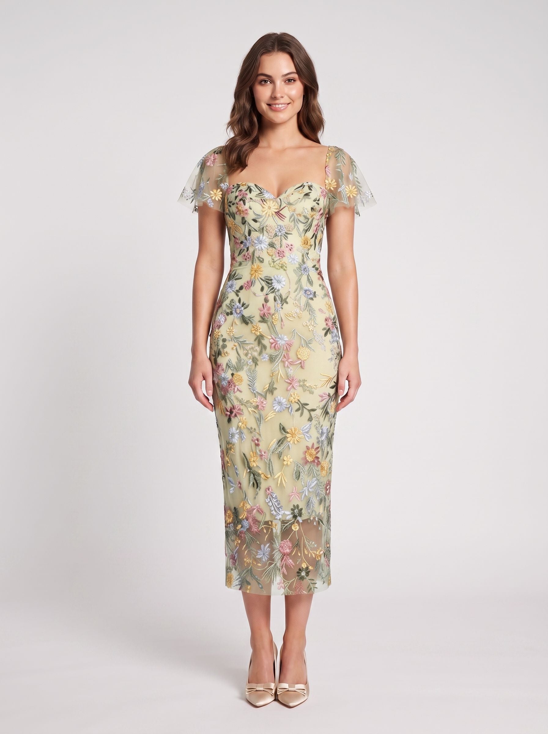 Sage Green Mesh Sheath Column Sweetheart Zipper Back Midi Dress - Jimiss
