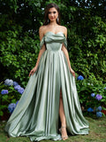 Sage Green Satin A-Line Off-The-Shoulder Lace-Up Back Floor-Length Dress - Jimiss