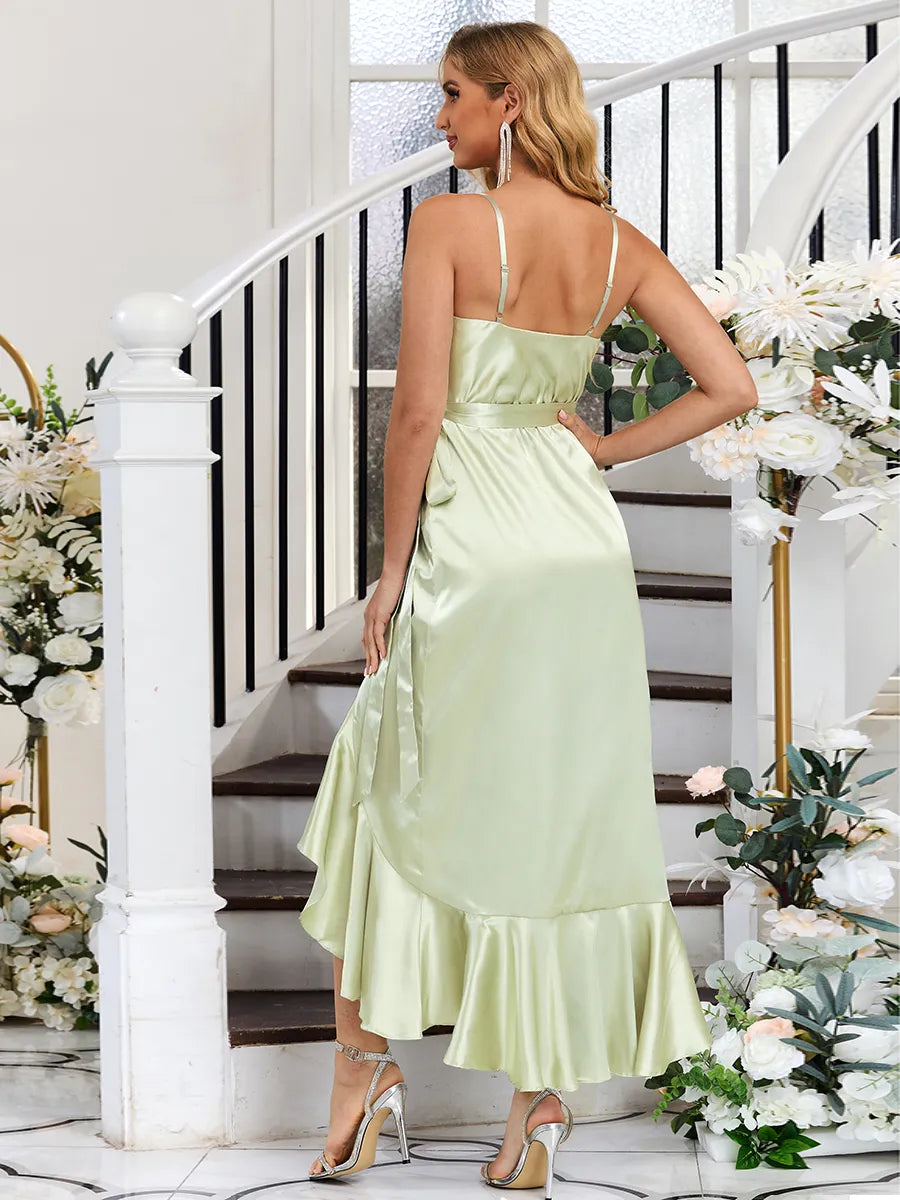 Sage Green Satin A-Line V-Neck Low Back High-Low Dress - Jimiss