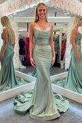 Sage Green Satin Mermaid Cowl Neck V-Back Floor-Length Dress Front View - Jimiss