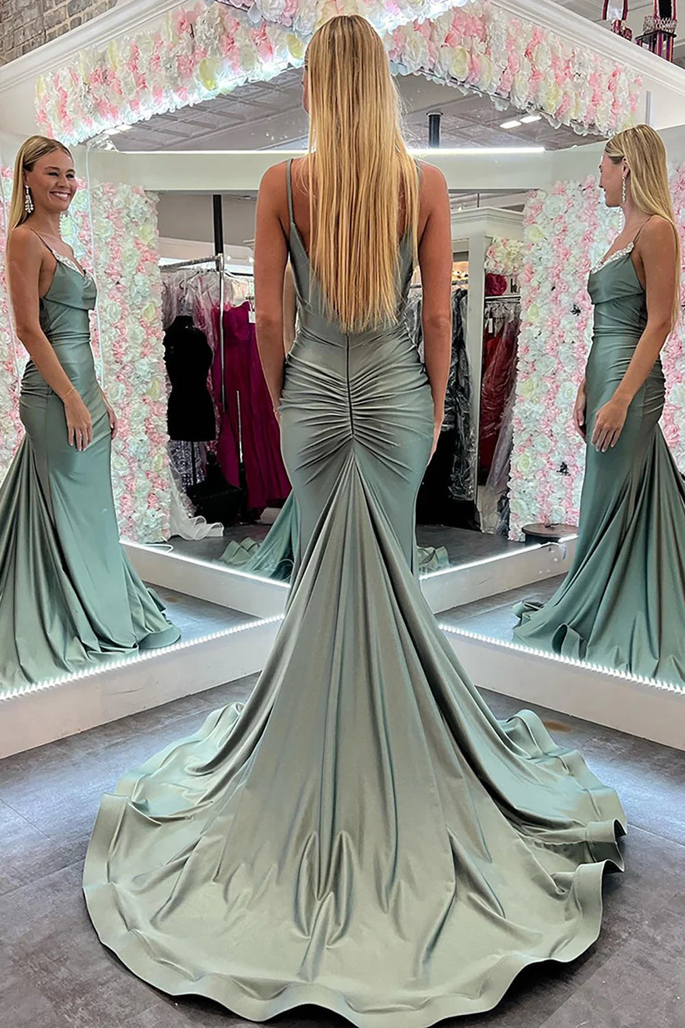 Sage Green Satin Mermaid Cowl Neck V-Back Floor-Length Dress - Jimiss