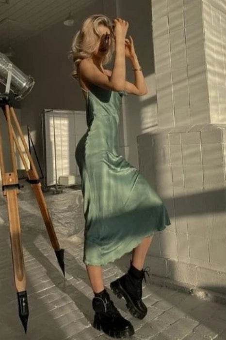 Sage Green Satin Sheath Column Cowl Neck Midi Dress Detail - Jimiss