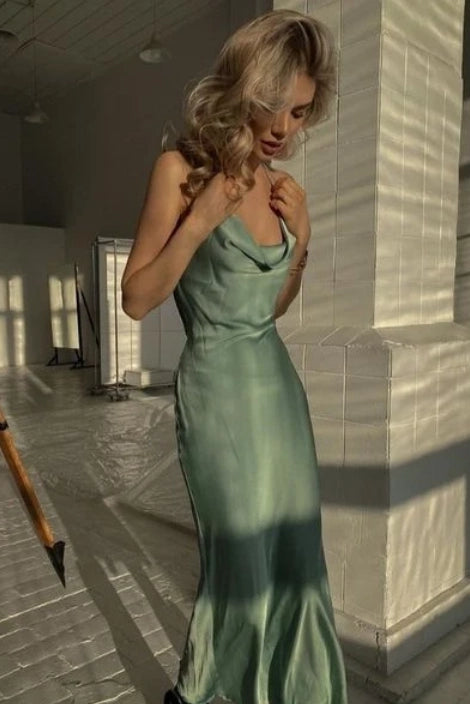 Sage Green Satin Sheath Column Cowl Neck Midi Dress Front View - Jimiss