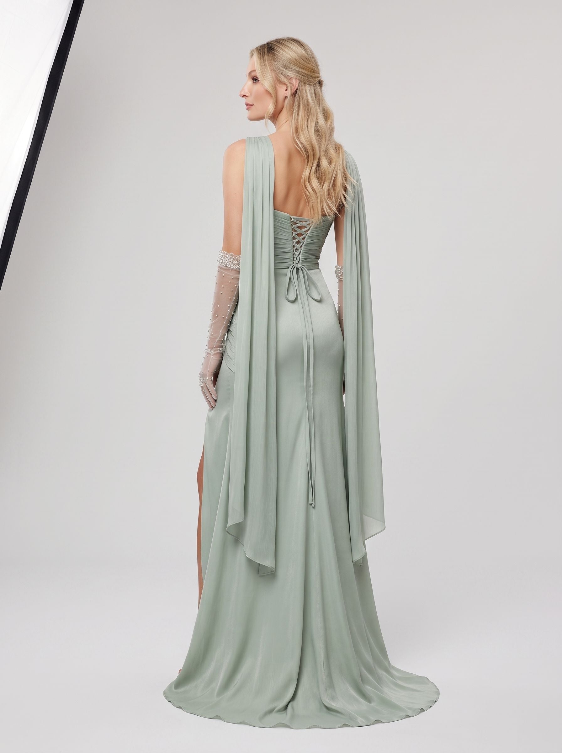 Sage Green Satin Sheath Column Sweetheart Lace-up Back Floor Length Dress Back View - Jimiss