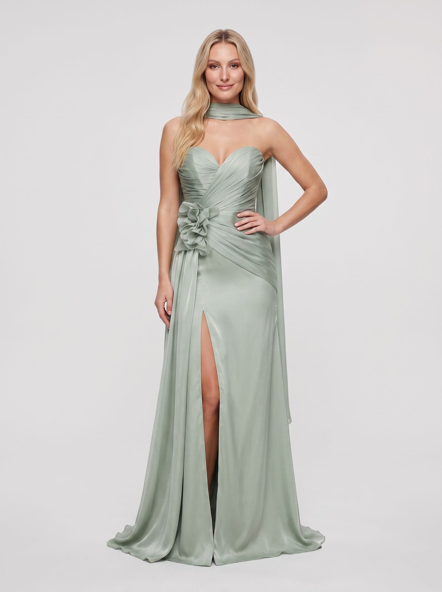 Sage Green Satin Sheath Column Sweetheart Lace-up Back Floor Length Dress Front View - Jimiss
