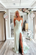 Sage Green Satin Sheath Column Sweetheart Lace Up Back Floor Length Dress - Jimiss