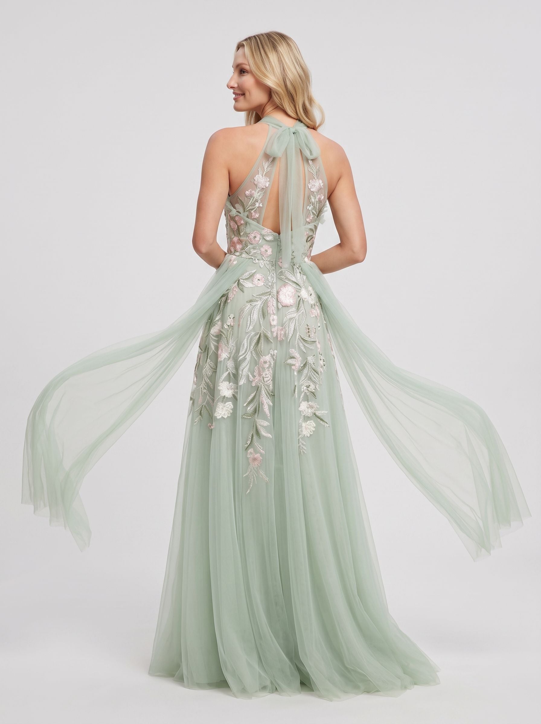 Sage Green Tulle A-Line Halter Keyhole back with tie Floor-Length Dress Back View - Jimiss